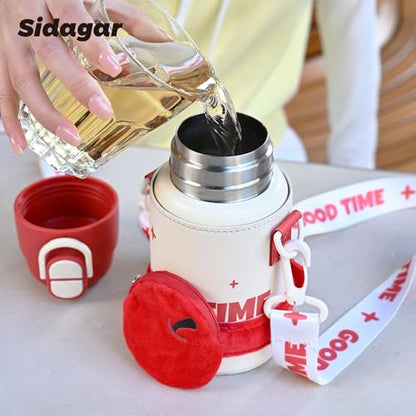 SDGA+ Kids Insulated Water Bottle with Shoulder Strap - 22 oz Kawaii Stainless Steel Tumbler with 3D Fuzzy Charm, Leak-Proof Flip Top & Vacuum Flask for School, Travel, BPA Free, Red - color: Red