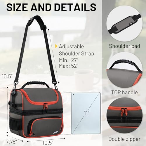 MIER 2 Compartment Lunch Bag Tote with Shoulder Strap for Men and Women Insulated Leakproof Cooler Bag, Grey/Orange - color: Grey/Orange