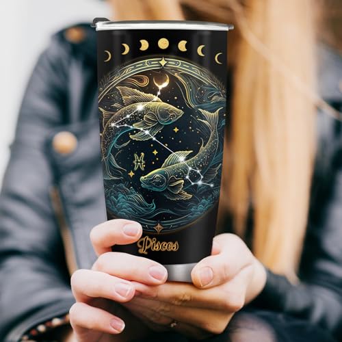 Horoscope Pisces Insulated Tumblers Travel Mug Cup Gifts for Birthday Boys Girls Men Women Son Daughter Travel Essentials Accessories Must Have Cold Iced 20oz - color: Pisces-650