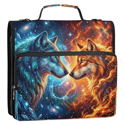 Blue Orange Flame Space Wolf 3 D-Ring 2 inch Zipper Binder Bag with Shoulder Strap, Multi-Pocket Portfolio Organizer Case for 13 Inch Laptop Middle School