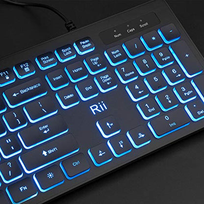 Rii Three Colors Backlit Keyboard and Mouse, Wired Keyboard and Mouse Combo, USB Keyboard and Mouse Set,Quiet Input Gaming Keyboard,Optical RGB Mouse for School,Office,Business and Gaming