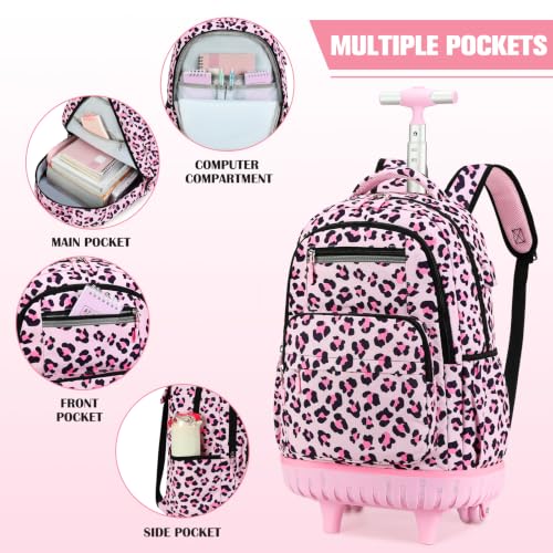 ACESAK Rolling Backpack for Girls - Roller Wheels School bag with Lunch Bag & Pencil Pouch for Teen Girls Kids Wheeled Suitcase Backpacks, Elementary Middle School Travel Daypack (Pink Leopard) - color: Pink Leopard