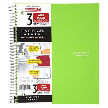 Five Star Spiral Notebook, 3 Subject, Wide Ruled Paper, 150 Sheets, 10-1/2" x 8" Sheet Size, Lime (73190) - color: Lime