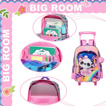 Panda Rolling Backpack for Girls with Lunch Box Kids Backpack with Wheels for School Sequin Trolley Trip Luggage Rolling Bookbag for Kindergarten Girls Elementary - color: Pink Panda-3pcs