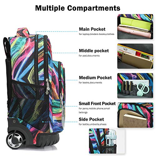 Tilami Rolling Backpack 19 inch Wheeled LAPTOP Boys Girls Travel School Student Trip, colours - color: Colours Multicolor