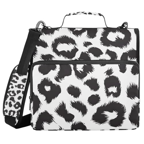 Bolaz Durable 3 Ring Binder Bag with Zipper,Black and White Leopard Print Pattern,1.5 Inch Multi-Pockets Organizer with Shoulder Strap and Handle - color: Black and White Leopard Print Pattern