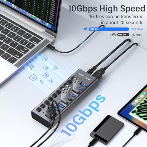 Powered USB 3.2 Hub, ACASIS 10 Ports USB 3.2 Hub with 10Gbps Data Speed, Aluminum Housing, USB Hub Powered with 48W Power Adapter, USB Hub for PC/Laptop, Computer, Flash Drive, Printer, Camera - size: 10 ports