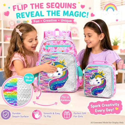 gxtvo 3PCS Girls Backpack, 16" Sequin Prechool Elementary Bookbag and Lunch Box - color: Reversible Sequins Unicorn Clip-on Backpack