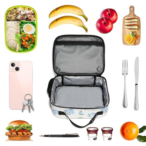 WOBAGMEN Large Lunch Box, Insulated Reusable Lunch Bag with Water Bottle Holder Portable Waterproof Leakproof Lunch Tote Bag Cute Lunch Box(Hydrangea Stripe) - color: Hydrangea Stripe