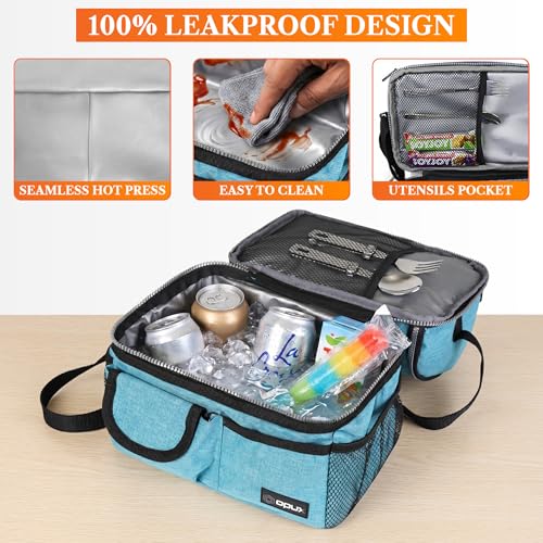 opux Insulated Lunch Bag Women Men, Dual Compartment Leakproof Lunch Box Adults Kids, Double Decker Meal Prep Bento Lunch Cooler Tote with Shoulder Strap for Work Office School Travel, Teal Blue - color: Heather Sea Blue