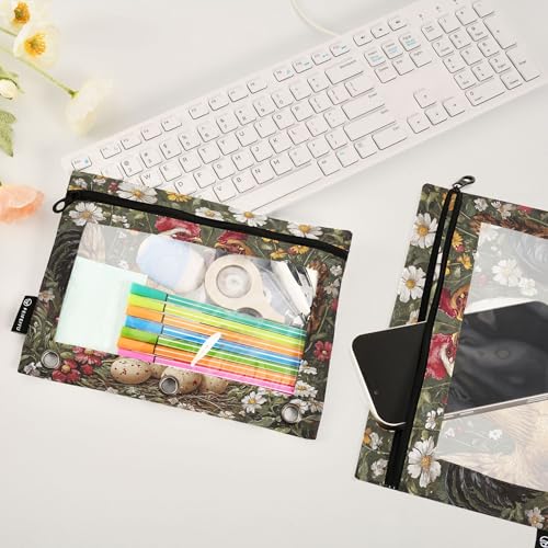 Rooster Binder Pouches 3 Ring for Boys Girls School Office College Supplies Rural Style Chicken Daisy Flower Pencil Pouches Case Bag with Clear Window and Zipper 2 Pack - color: Rooster