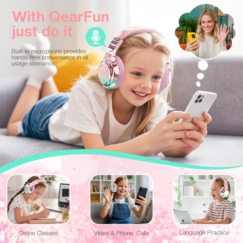QearFun Kids Bluetooth Headphones, 60H Playtime, 74/85/94dB Safe Volume Limit, Metallic Gradient Wireless Headset with HD Mic, Fast Charging, Foldable, Wired 3.5mm Mode for School/Tablet/Travels - color: Pink