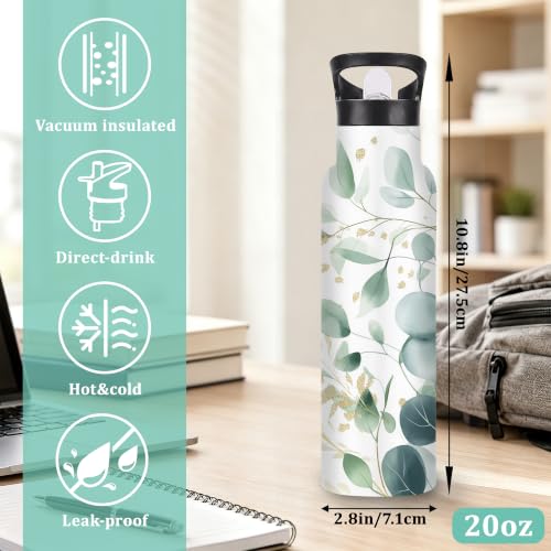 Eucalyptus Insulated Water Bottle with Straw 20 oz,Gold Foil Stainless Steel Leak Resistant Double Wall Water Bottles with Handle for Gym Sports Travel Outdoor - color: Eucalyptus,Gold Foil