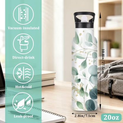 Eucalyptus Insulated Water Bottle with Straw 20 oz,Gold Foil Stainless Steel Leak Resistant Double Wall Water Bottles with Handle for Gym Sports Travel Outdoor - color: Eucalyptus,Gold Foil