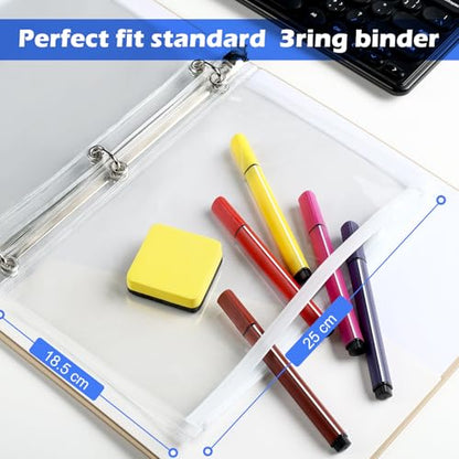 Lincia 24 Pack Clear Pencil Pouch for 3 Ring Binder Pencil Case with Zipper 3 Ring Binder Pocket Insert Bag 10 x 7'' Visible Cash Envelope with Re-enforced Grommet for Office(White, Clear) - color: White, Clear