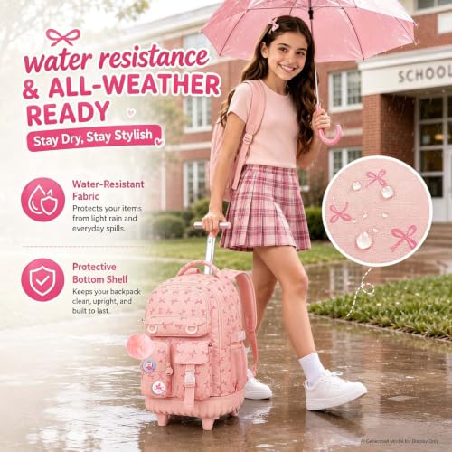 WZLVO 3PCS Rolling Backpack for Girls, Water Resistance Roller Bookbag, Women Aesthetic Wheeled School Bag Set with Lunch Box & Pencil Bag for Teens & Kids - Pink Bow - color: 3pcs Girls Rolling Backpack - Pink Bow