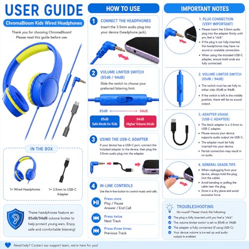 Kids Wired Headphones for School, Over-Ear Children's Headphones with Microphone, Foldable 85/94dB Volume Limited Headphones, 3.5mm & USB-C Compatible(Blue Lemon) - color: Blue Lemon