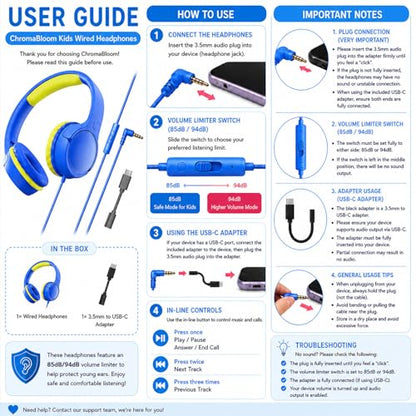 Kids Wired Headphones for School, Over-Ear Children's Headphones with Microphone, Foldable 85/94dB Volume Limited Headphones, 3.5mm & USB-C Compatible(Blue Lemon) - color: Blue Lemon
