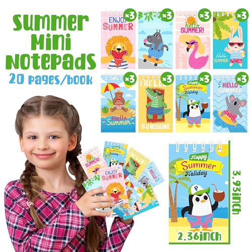 24Packs Hello Summer Mini Notepads Cute Cartoon Animal Spiral Notebooks Pocket Journal Memo Pads for Hawaii Beach Themed Birthday Gifts Goodie Bag Stuffers Office School Classroom Rewards - style: Summer