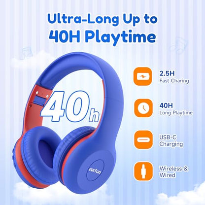 EarFun K2 Kids Bluetooth Headphones, Kids Headphones with Volume Limited, 40H Playtime, Built-in Mic, Stereo Sound, Foldable Over-Ear Headphone for School/Travel/iPad/Tablet, Blue - color: Navy Blue