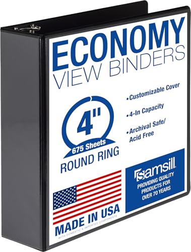 Samsill 4 Inch 3 Ring Binder, Economy Round Ring, Clear View Cover, 675 Sheet Capacity - for School, Home, Office - Black - size: 1-Pack, style: 4 Inch