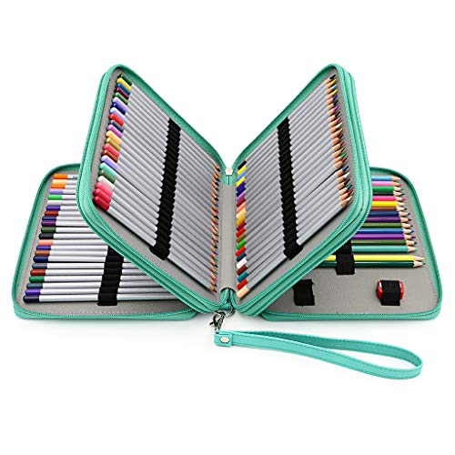 BTSKY Deluxe PU Leather Pencil Case For Colored Pencils - 120 Slot Pencil Holder with Handle Strap Handy Colored Pencil Box Large(Green) - color: Green