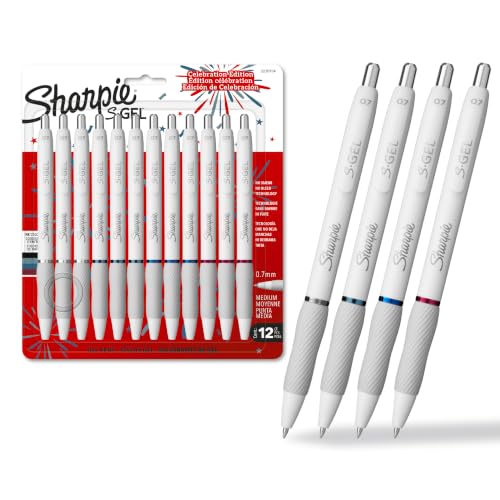 Sharpie S-Gel Pens, Pearl White Body, Fashion Barrel, Medium Point (0.7mm), Colorful Ink, 12 Count, USA 250th Anniversary Edition - color: Assorted USA