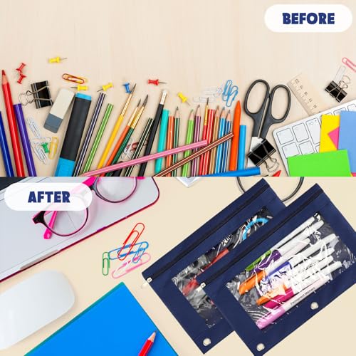 Marspark 30 Packs Pencil Pouch 3 Ring Binder Pen Pouch Cloth Pencil Pouches Zipper Pen Case Bag with Clear Window for School Office Writing Supplies Gifts(Navy Blue) - color: Navy Blue