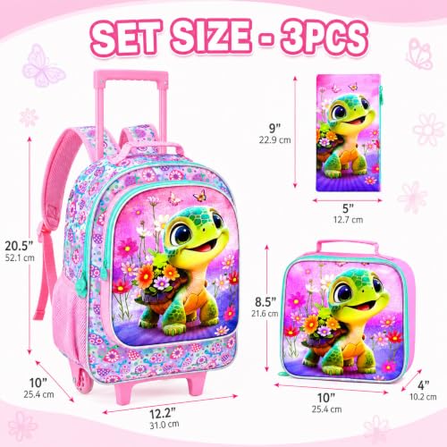 gxtvo Girls Rolling Backpack, Cute Turtle Roller Wheels Kids Bookbag - Wheeled Elementary School Bag - 3PCS Turtle - color: Uv Printing Flower Turtle Rolling Backpack