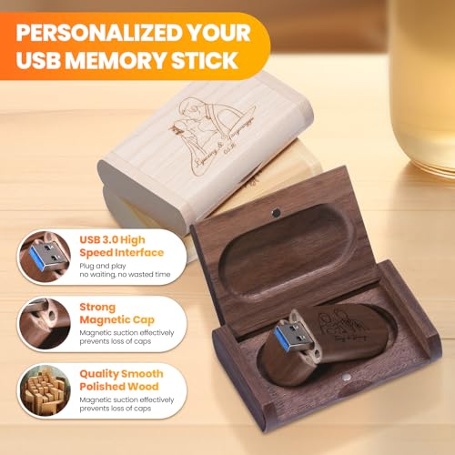 32GB Personalized Custom Wood USB 3.0 Flash Drive with Gift Box, Wedding Thumb Drive with Linen Bag, Customized Engraved Wooden Oval Memory Sticks Jump Drives for School/Company/Photography - size: 32GB