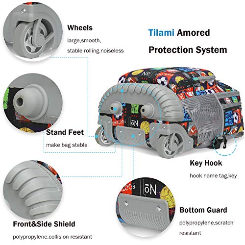 Tilami Rolling Backpack 18 inch Wheeled Laptop Backpack School College Student Travel Trip Boys and Girls, Sport Balls - color: Sport Balls Black