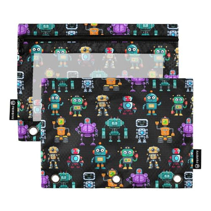 Robots Pencil Pouch for 3 Ring Binder, Binder Pencil Pouches with Clear Window Zipper Pencil Case for Office College Supplies, 2PCS (B0315) - color: B0315