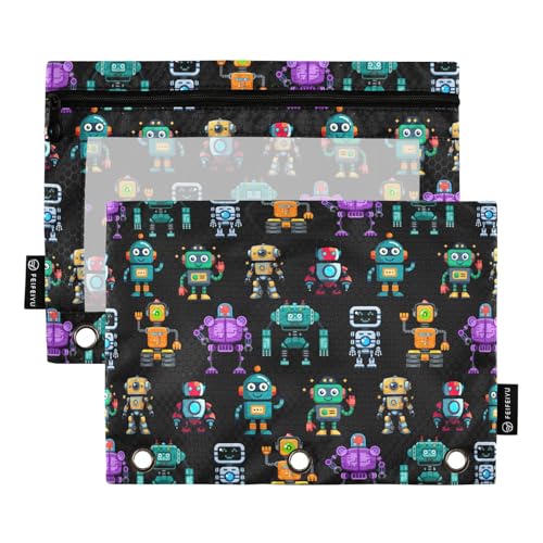 Robots Pencil Pouch for 3 Ring Binder, Binder Pencil Pouches with Clear Window Zipper Pencil Case for Office College Supplies, 2PCS (B0315) - color: B0315