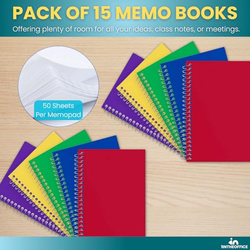 1InTheOffice Small Spiral Notebook 4x6, Spiral Memo Pads, College Ruled, Small Notepads 4X6 inches, Assorted Colors, 50Sheets/Pad, 15 Pack