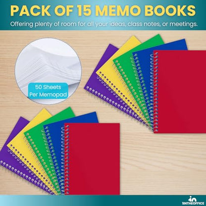 1InTheOffice Small Spiral Notebook 4x6, Spiral Memo Pads, College Ruled, Small Notepads 4X6 inches, Assorted Colors, 50Sheets/Pad, 15 Pack