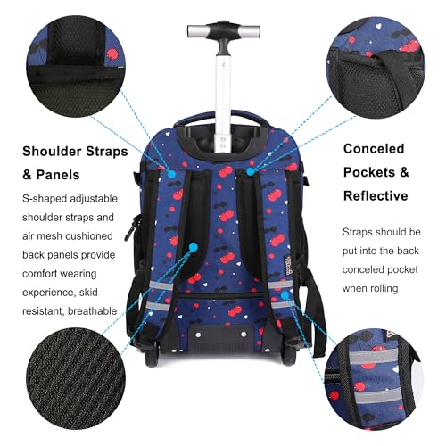 Tilami Rolling Backpack, 18 inch Shoulder Drop, Concealed Pockets and Wheel Cover, Laptop Backpack for Boys and Girls, Cherry Blue - color: Cherry Blue