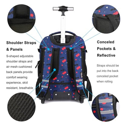 Tilami Rolling Backpack, 18 inch Shoulder Drop, Concealed Pockets and Wheel Cover, Laptop Backpack for Boys and Girls, Cherry Blue - color: Cherry Blue