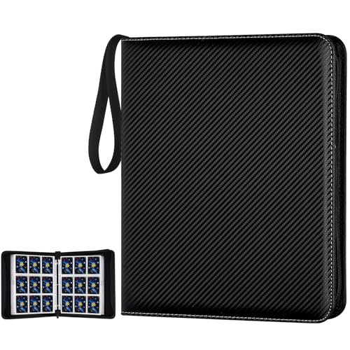 900 Pockets Round Ring Trading Card Binder, 9-Pocket Clear Zipper Card Album with Wrist Strap, Holds 900 Standard TCG & Sports Cards, Not Fit Top Loaders (Carbon Black) - color: 9 Pocket 900 Carton Black