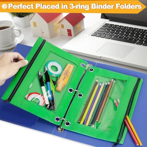 Pencil Pouch for 3 Ring Binder, 2 Pack Pencil Bags with Zipper, Green Pencil Case for Classroom School Office Supplies, Large Sturdy and Durable Cloth Pencil Pocket for 3 Holder Binder - color: Green