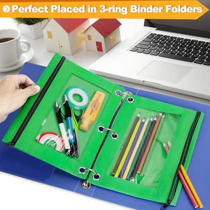 Pencil Pouch for 3 Ring Binder, 2 Pack Pencil Bags with Zipper, Green Pencil Case for Classroom School Office Supplies, Large Sturdy and Durable Cloth Pencil Pocket for 3 Holder Binder - color: Green