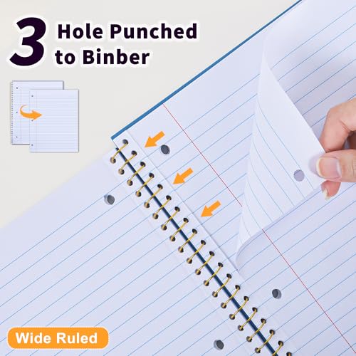 MUAHLIUB Spiral Notebook Wide Ruled Paper 8" x 10 1/2", 1 Subject Spiral Notebook, 3-Hole Punched Perforated Pages Ideal for School, Office, Writing, 95 Sheets Lined Journaling Notebook, Blue - color: Blue