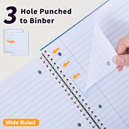 MUAHLIUB Spiral Notebook Wide Ruled Paper 8" x 10 1/2", 1 Subject Spiral Notebook, 3-Hole Punched Perforated Pages Ideal for School, Office, Writing, 95 Sheets Lined Journaling Notebook, Blue - color: Blue