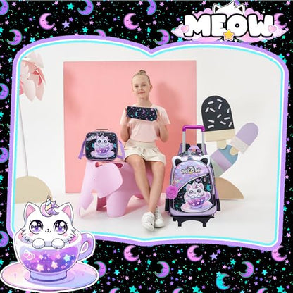 Meetbelify Girls Cute Backpack with Wheels for Elementary Students Kids Black Travel Luggage - color: Black Cat