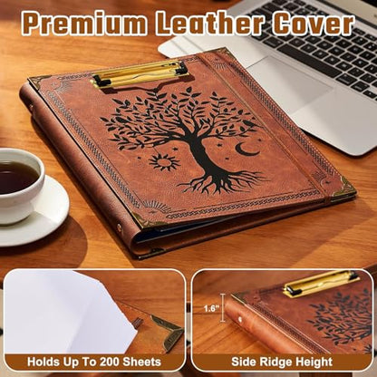 Ovesmusl 1 Inch 3 Ring Binder with Clipboard Leather Round Ring Binder with 5 Dividers, Plastic Folder, 400 Divider Stikers, Fits 175 Sheets 8.5"x11" Letter Size Paper, Tree of Life Brown - color: Brown Tree