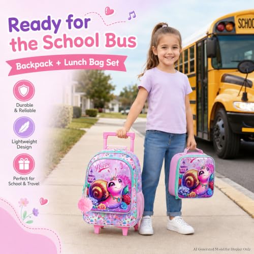 3Pcs Rolling Backpack for Girls, Snail Roller Bookbag with Lunch Box, Kids School Backpacks with Wheels for Elementary Preschool(Pink) - color: Snail Pink