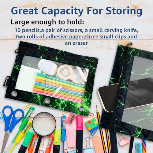 Wolf Pouch for 3 Ring Binder Clear Window Pencil Case for 3 Ring Reinforced Grommets with Zipper, 2 Pack - color: Wolf