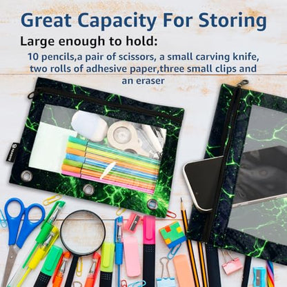 Wolf Pouch for 3 Ring Binder Clear Window Pencil Case for 3 Ring Reinforced Grommets with Zipper, 2 Pack - color: Wolf