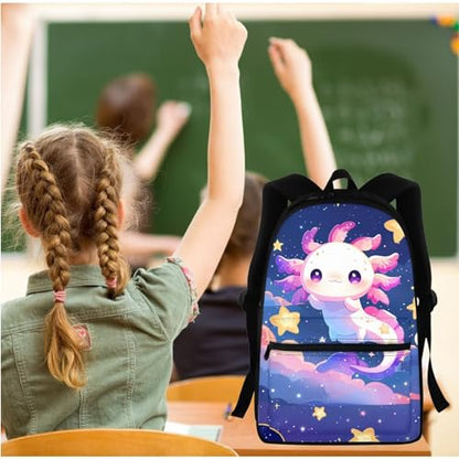 BIGCARJOB Cute Axolotl Backpack for Girls 8-10,Pink Axolotl Star Print School Bookbags Little Girls Back to School Daypack Children Kids Kawai School Backpack with Lunchbags Pencil Holder - color: Axolotl Star Print, size: One Size