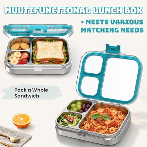 LOHASOK Kids Stainless Steel Lunch Bento Box BPA-Free Leak-Proof Tritan Lid 304 Metal Food Container with 3 Compartments for Girls Boys School Blue - color: Blue, size: 27oz/800ml