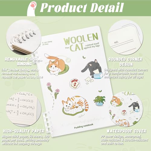 2 Pack Lined Spiral Journal Notebook with Loose Leaf Binder, Cute Cat Theme Spiral Notebook for Women, Office School Work & Note Taking, A5 (7.9"x 5.5") College Ruled Hardcover Notebook, 120 Pages (White-Cat A) - color: White-Cat A